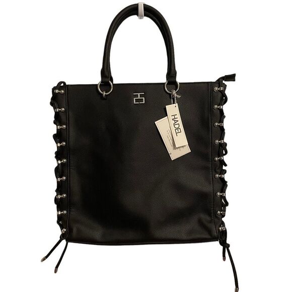 Hadel Black Vegan Faux Leather Tote Bag NWT - Picture 1 of 7
